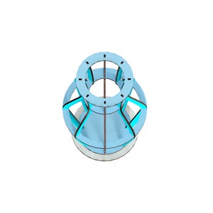 May include: A light blue wooden vase with a circular top and a geometric design. The vase is made of plywood and has a light wood base.