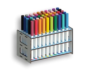 May include: A wooden stand with a light blue base holds a collection of colorful markers. The stand has two tiers and is designed to hold 40 markers.