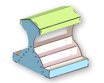 May include: A wooden stand with a light green roof and blue and pink shelves. The stand is perfect for displaying small items like jewelry or crafts.