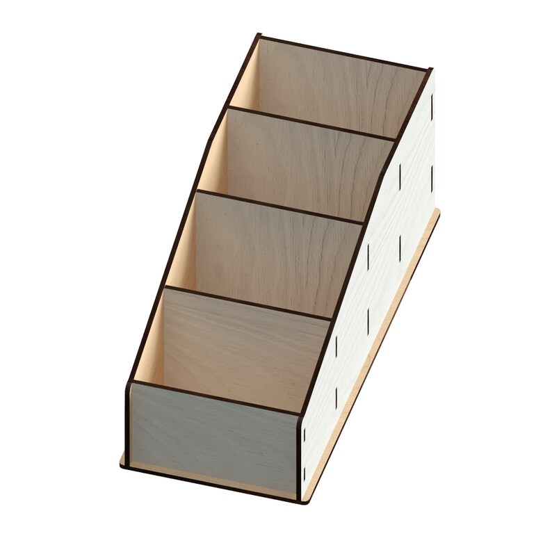 May include: A white wooden organiser with four compartments. The organiser has a dark brown trim and is angled slightly.