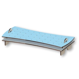 May include: A two-tiered wooden serving tray with a light blue finish and a dotted pattern. The tray has two handles on the top tier.