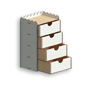 May include: A small wooden chest of drawers with four drawers. The chest is painted white with a wood grain texture. The chest has a scalloped top edge and a grey side panel.