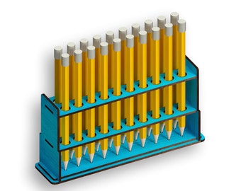 May include: A blue pencil holder with 20 yellow pencils. The pencils are arranged in rows and are all the same size. The holder is made of wood and has a dark brown finish.