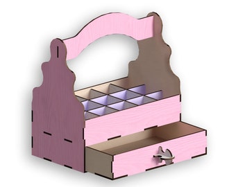 May include: Pink wooden organizer with a handle, a drawer, and multiple compartments. The organizer is designed to hold small items like jewelry or cosmetics.