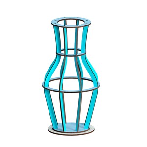 May include: A blue and brown wooden vase with a geometric design. The vase is made of thin strips of wood that are arranged in a lattice pattern. The vase is empty and has a round base.