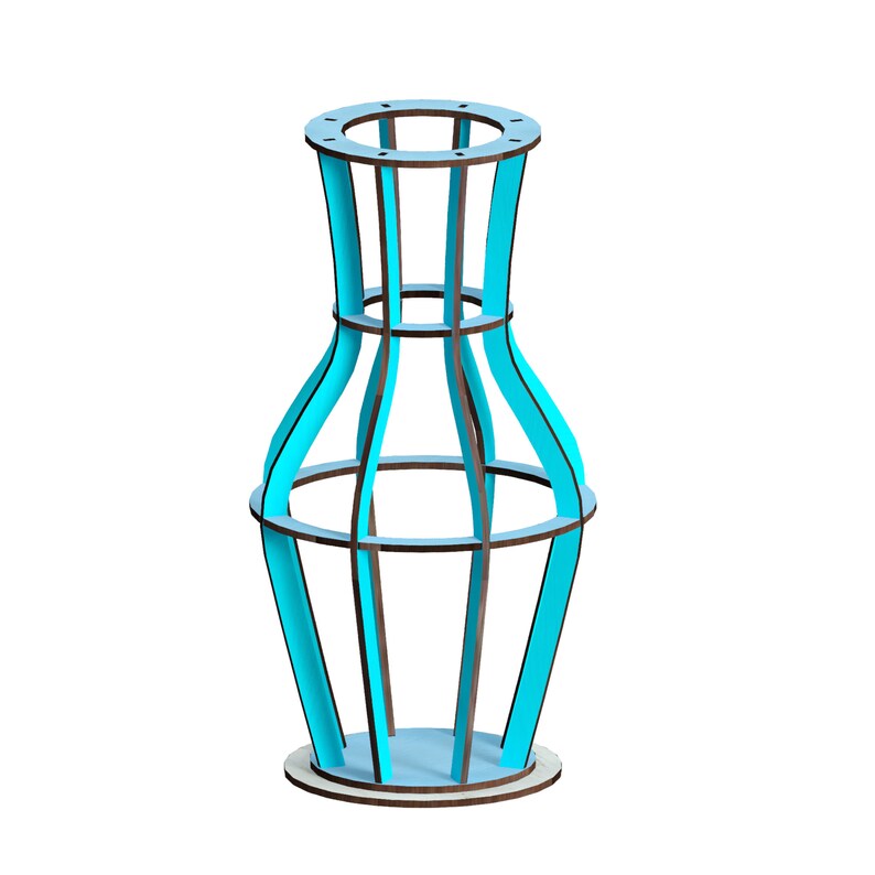 May include: A blue and brown wooden vase with a geometric design. The vase is made of thin strips of wood that are arranged in a lattice pattern. The vase is empty and has a round base.