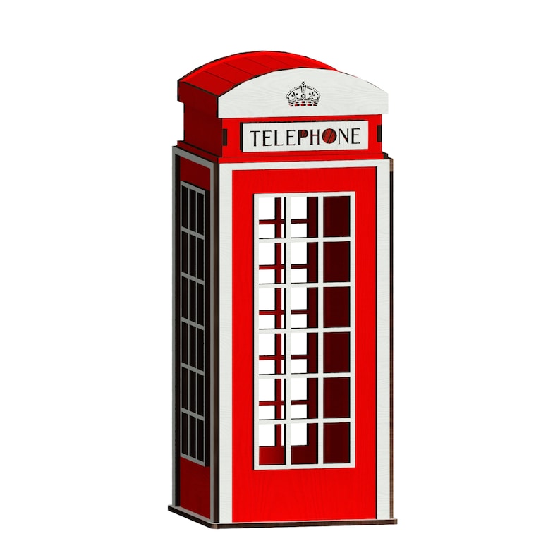 May include: A red telephone booth with a white roof and the word "TELEPHONE" printed on the front.