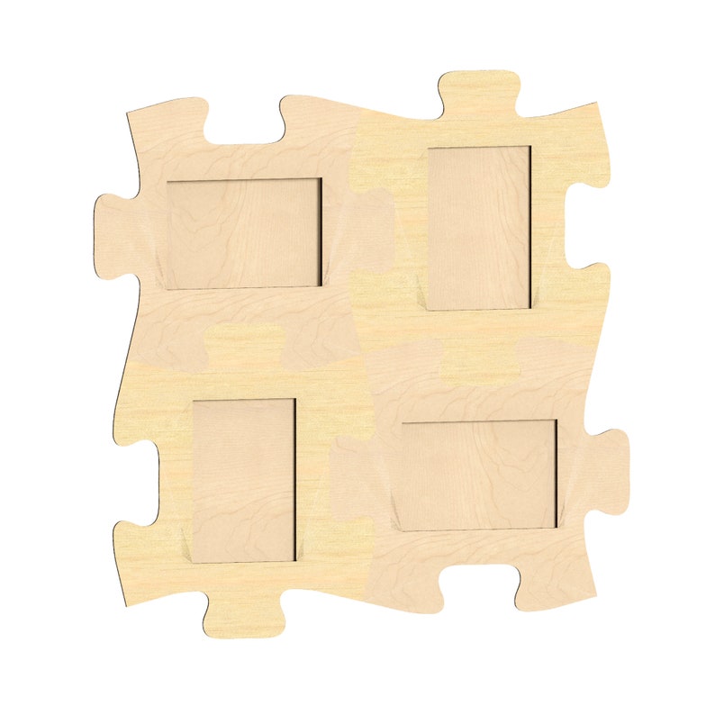 K&ouml;nnte beinhalten: Ein Bilderrahmen aus Holz mit einem Puzzle-Design. Der Rahmen hat vier &Ouml;ffnungen f&uuml;r Fotos. Der Rahmen ist aus hellem Holz.