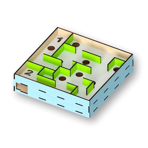 Può includere: Un gioco di labirinto in legno con una base blu chiaro e pareti verdi. Il labirinto ha due punti di partenza etichettati "1" e "2".