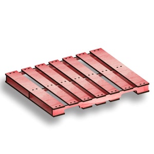 May include: A red wooden pallet with a dark brown border. The pallet has nine slats and is made of rough-cut wood.