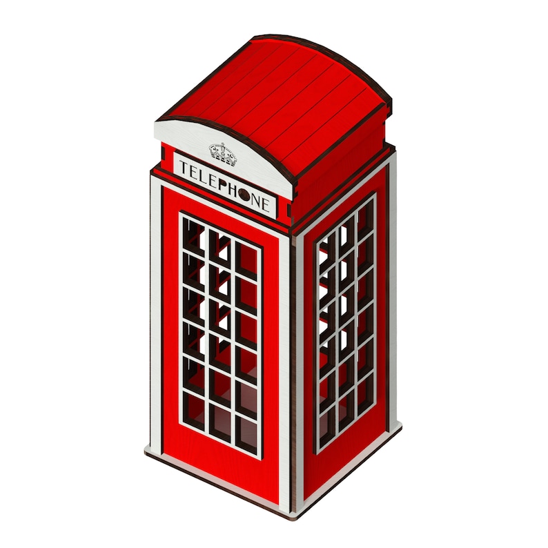 May include: A red telephone booth with a white trim and a crown on top. The booth has a glass door and windows with black frames. The text "TELEPHONE" is written on the front of the booth.
