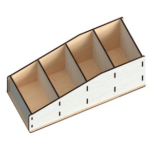 May include: A wooden organiser with four compartments, angled to create a tiered effect. The organiser is made of light wood with a white painted finish and has black accents.