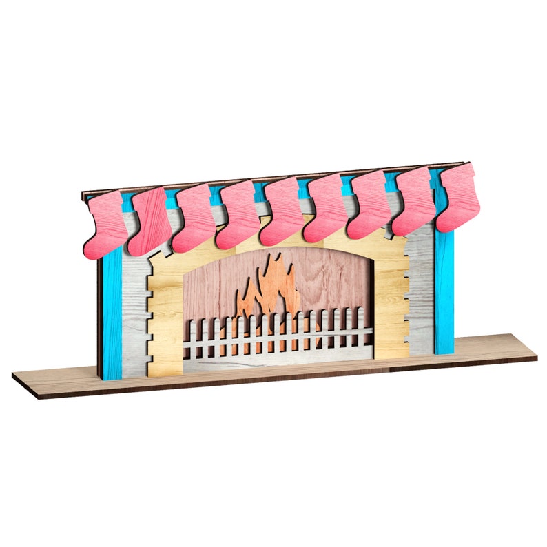 Puede incluir: Una chimenea de Navidad de madera con un manto pintado de azul y blanco y una media rosa colgando a cada lado. La chimenea tiene una rejilla de madera y un recorte de llamas en el interior.