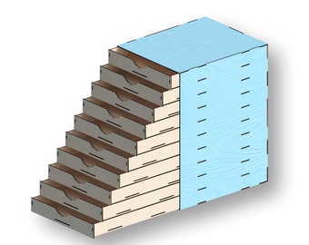 May include: A light blue wooden organizer with eight drawers. The drawers are stacked in a staggered pattern and are made of a light wood with a dark gray finish. The organizer is perfect for storing small items like jewelry, craft supplies, or office supplies.