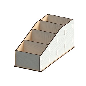 May include: A wooden organiser with four compartments, featuring a light grey finish and a wood grain pattern. The organiser is angled and has a rectangular shape.