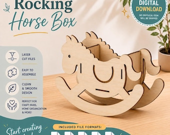 May include: A laser-cut wooden rocking horse box, perfect for craft fairs and home organization. The box is light brown with a clean and smooth design. The image includes the text "Rocking Horse Box" and "Digital Download".