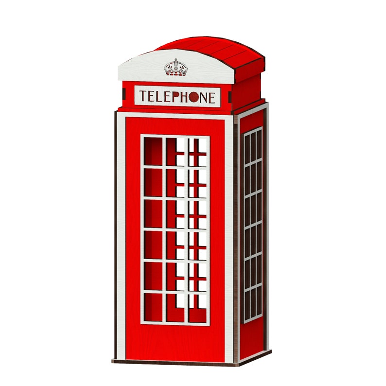May include: A red telephone booth with a white roof and a crown on top. The booth has a glass door and windows with a white frame. The word "TELEPHONE" is written in white letters on the front of the booth.
