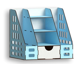 May include: A blue and white wooden desktop organizer with three shelves and a drawer. The organizer has a grid pattern on the sides.