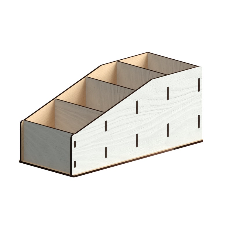 May include: A white wooden desk organiser with three compartments. The organiser has a slanted design and is made of wood with a light wood grain.