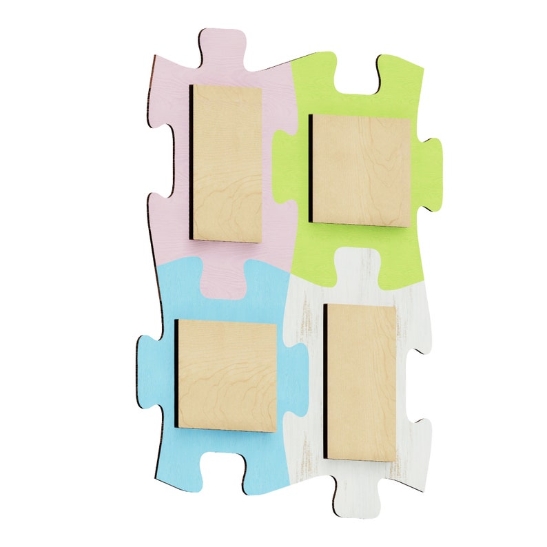 K&ouml;nnte beinhalten: Ein Holzpuzzle mit vier leeren Feldern f&uuml;r Fotos. Die Puzzleteile sind in rosa, blau, gr&uuml;n und wei&szlig;.