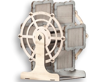 May include: Wooden Ferris wheel-shaped photo frame with eight slots for pictures. The frame is made of light brown wood and has a whitewashed finish.