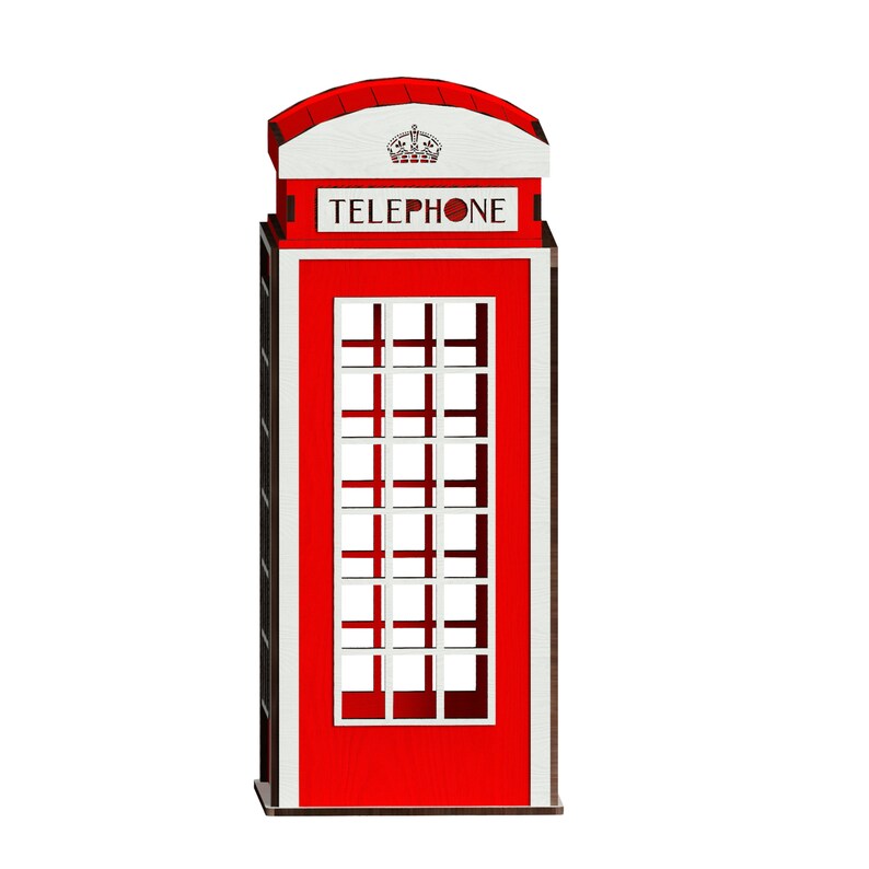 May include: Red telephone booth with a white roof and the word "TELEPHONE" in white letters. The booth has a small crown on the roof.
