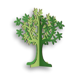 May include: A green and brown papercraft tree with a layered design. The tree has a three-dimensional look and is made of multiple pieces of paper.