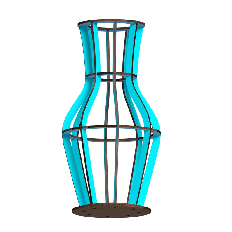 May include: A blue and brown wooden vase with a geometric design. The vase is made of thin strips of wood that are arranged in a lattice pattern. The vase is empty and has a round base.