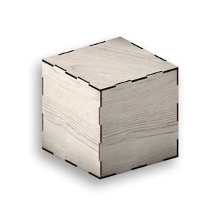 May include: A white wooden box with a light wood grain pattern. The box has a square shape and a dark brown border around the edges.