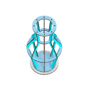 May include: A light blue wooden vase with a geometric design. The vase has a round base and a cylindrical top with a circular opening. The vase is made of thin strips of wood that are joined together to create a lattice-like pattern.