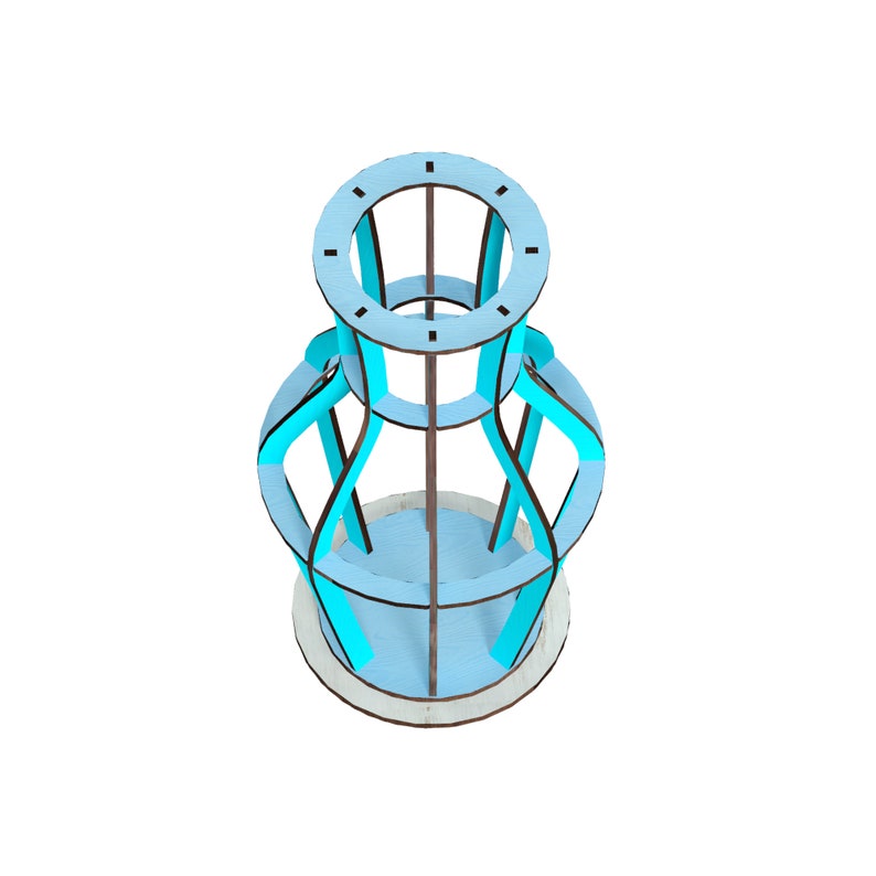May include: A light blue wooden vase with a geometric design. The vase has a round base and a cylindrical top with a circular opening. The vase is made of thin strips of wood that are joined together to create a lattice-like pattern.