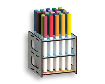May include: A wooden stand with two tiers holds a collection of colorful markers. The stand is brown with light blue accents. The markers are arranged in rows and are a variety of colors, including red, orange, yellow, green, blue, and purple.