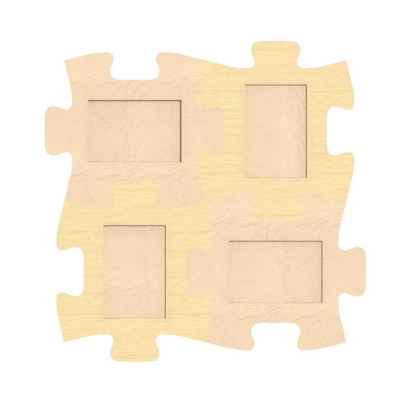 K&ouml;nnte beinhalten: Ein Bilderrahmen aus Holz mit einem Puzzle-Design. Der Rahmen hat vier &Ouml;ffnungen f&uuml;r Bilder. Der Rahmen ist aus hellem Holz.