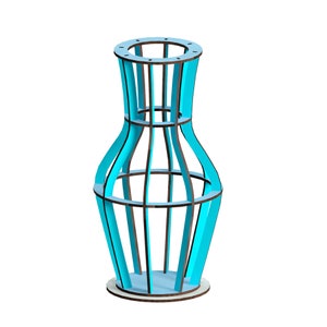 May include: A blue and brown wooden vase with a geometric design. The vase is made of thin strips of wood that are arranged in a lattice pattern. The vase is empty and has a round base.