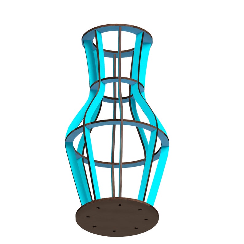 May include: A blue and brown wooden vase with a geometric design. The vase is made of thin strips of wood that are arranged in a lattice pattern. The vase is empty and has a round base.