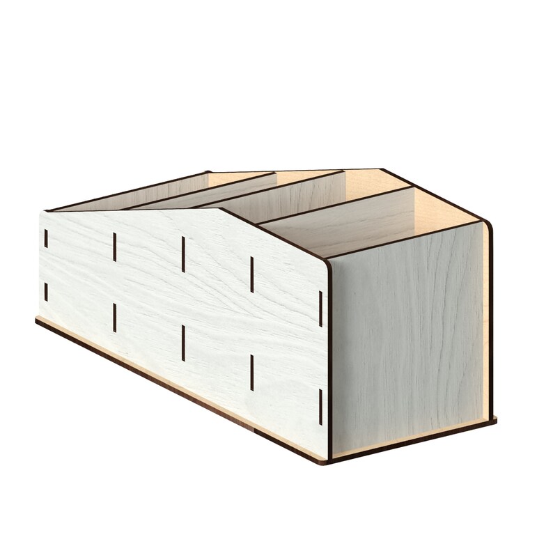 May include: White wooden desk organiser with four compartments. The organiser has a slanted top and is made of wood with a light wood grain finish.