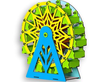 May include: A colorful wooden Ferris wheel toy with a blue base and yellow and green accents. The wheel has a snowflake design and is made of layered wood.