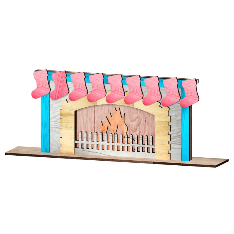 Puede incluir: Una chimenea de madera con un fondo pintado de azul y blanco. Calcetines rosas cuelgan de la repisa de la chimenea, y un recorte de fuego est&aacute; en la abertura de la chimenea.