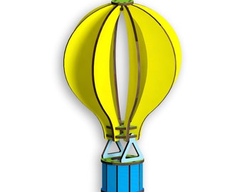 May include: A wooden hot air balloon model with a bright yellow balloon, brown supports, and a blue basket. The top is green. The balloon is a decorative item, possibly for a child's room or as a unique gift.