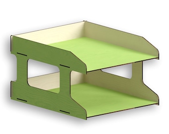 May include: A two-tiered desktop organizer made of wood with a light green finish. The top tier has a natural wood finish.