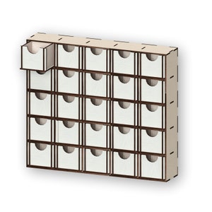 May include: A wooden organizer with 24 small drawers. The drawers are white with a wood grain texture. The organizer is made of light brown wood.