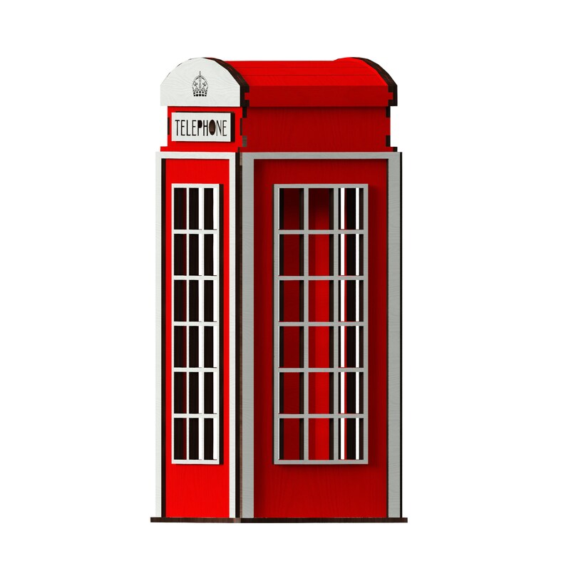 May include: A red telephone booth with a white crown and the word "TELEPHONE" on the front. The booth has two windows with white frames.