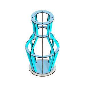 May include: A blue and brown wooden vase with a geometric design. The vase is made of thin strips of wood that are arranged in a lattice pattern. The vase has a round base and a cylindrical body.