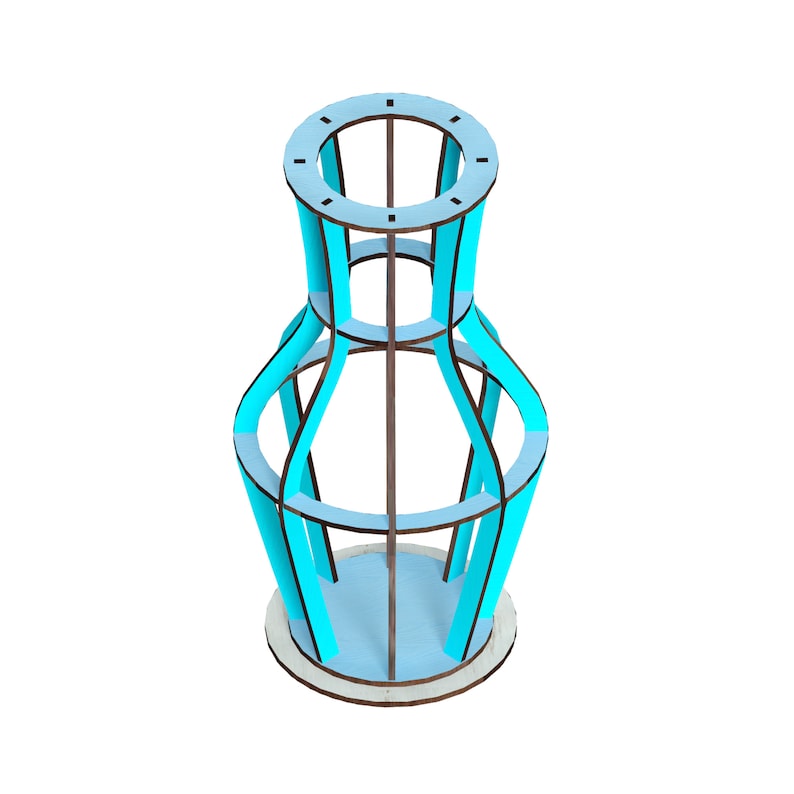 May include: A blue and brown wooden vase with a geometric design. The vase is made of thin strips of wood that are arranged in a lattice pattern. The vase has a round base and a cylindrical body.