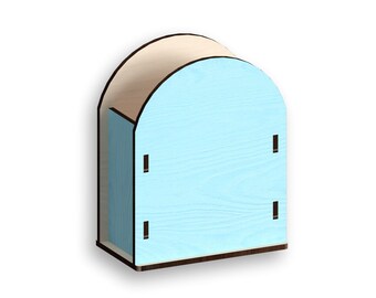 May include: A light blue wooden organizer with a rounded top and slots for holding items. The organizer has a natural wood top and a light blue base.