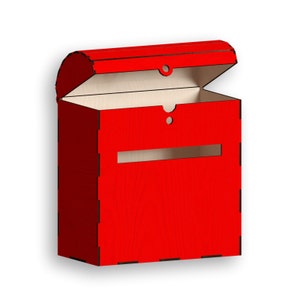 Könnte beinhalten: Rote Holzkiste mit einem Scharnierdeckel und einem Schlitz an der Vorderseite. Der Deckel ist geöffnet und das Innere der Kiste ist sichtbar.