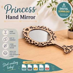 Princess Hand Mirror Laser Cut Files (Digital Download - svg, dxf, pdf, ai, cdr, eps)