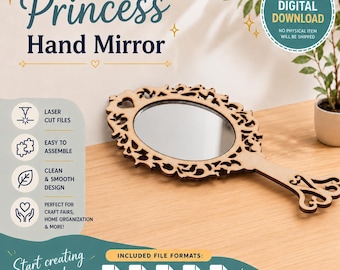 Archivos de corte láser para espejo de mano de princesa (descarga digital: svg, dxf, pdf, ai, cdr, eps)