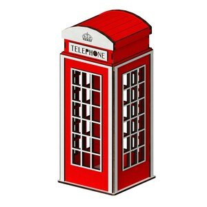 May include: Red telephone booth with a white trim and the word "TELEPHONE" on the front. The booth has a crown on the top.