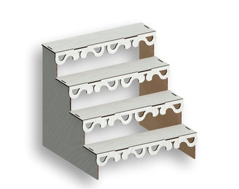 May include: White wooden tiered stand with four shelves. Each shelf has a decorative scalloped edge.